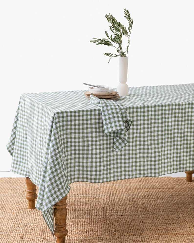Linen tablecloth in Forest green gingham. Rustic farmhouse tablecloth. Large tablecloth. Kitchen table linen. Custom sizes available image 1