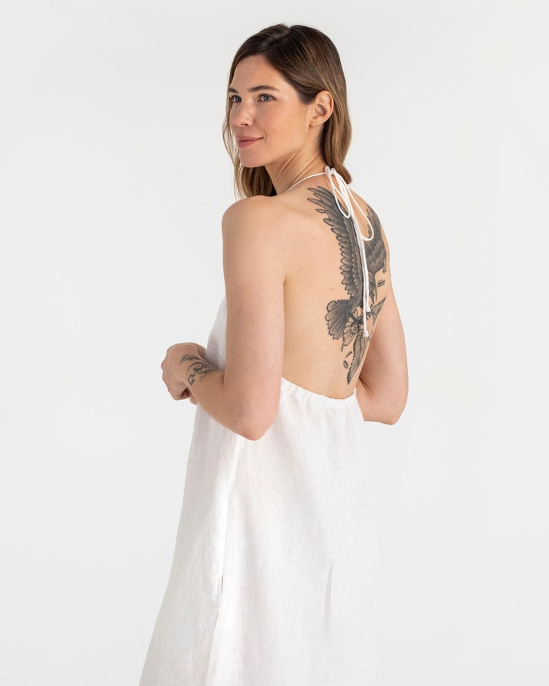 Linen dress MARFA. White linen dress for women. Midi sleeveless linen dress with spaghetti strap. Open back summer dress image 2