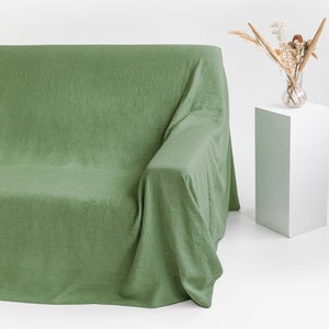 Linen couch cover. Natural sofa cover. Big bed cover. Sectional couch cover. Linen couch throw. Forest green
