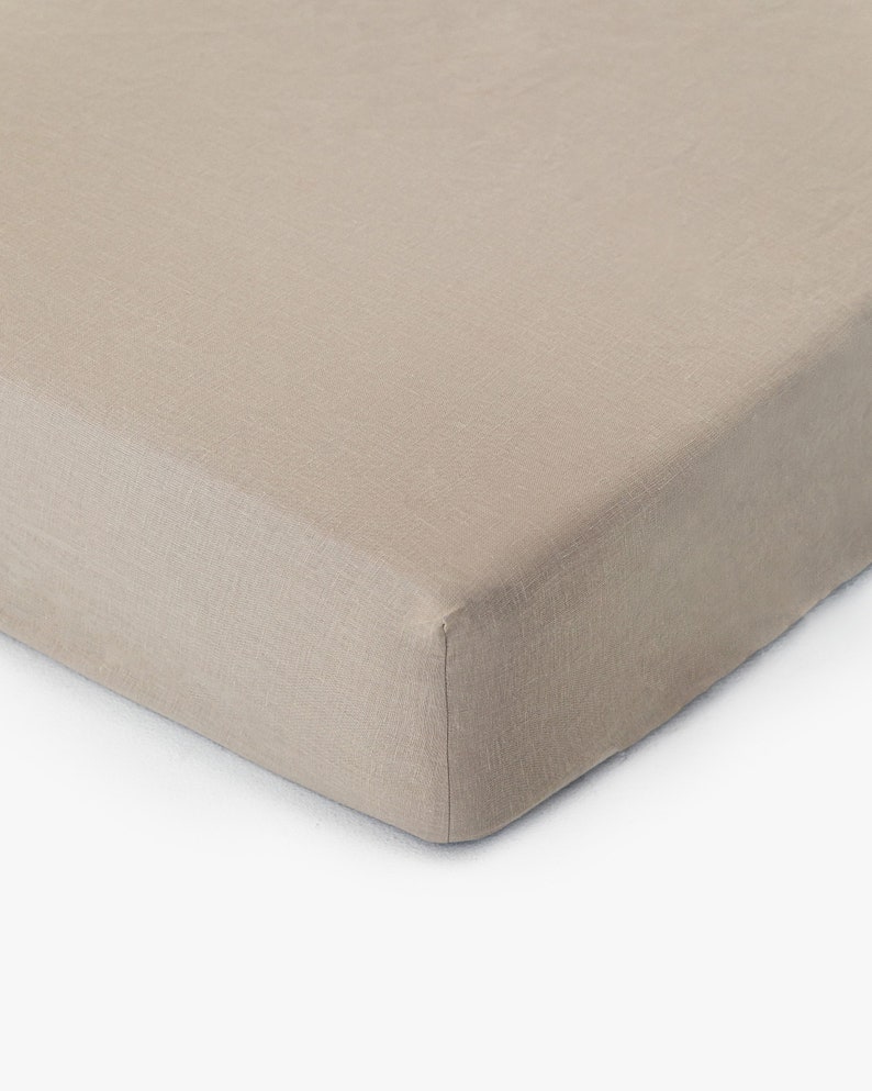 Linen fitted sheet in Natural Linen Oatmeal color. King / Queen bed sheet. image 2