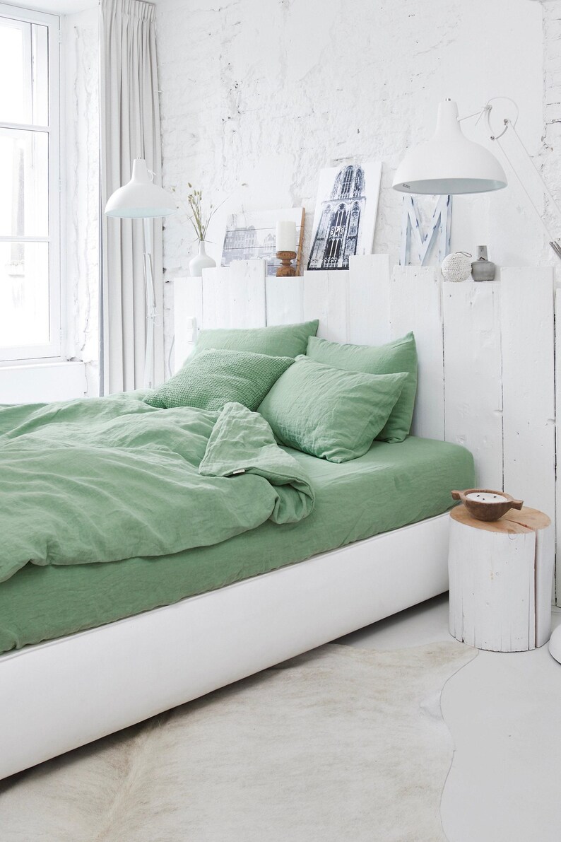 Matcha Green Linen Duvet Cover – Stonewashed Flax Bedding – Breathable Thermoregulating Comforter – Queen King OEKO TEX Certified Linen Set image 2