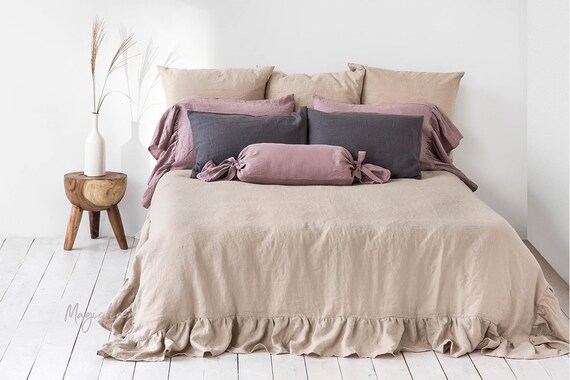 Ruffled Linen Duvet Cover Beige Rose White And Other Etsy