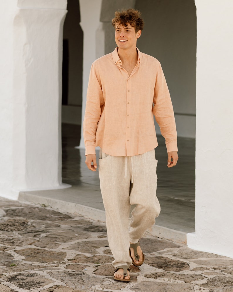 Linen shirt for men NEVADA. Long sleeve, classic linen shirt with buttons. Summer shirt. Linen clothing for men Peach