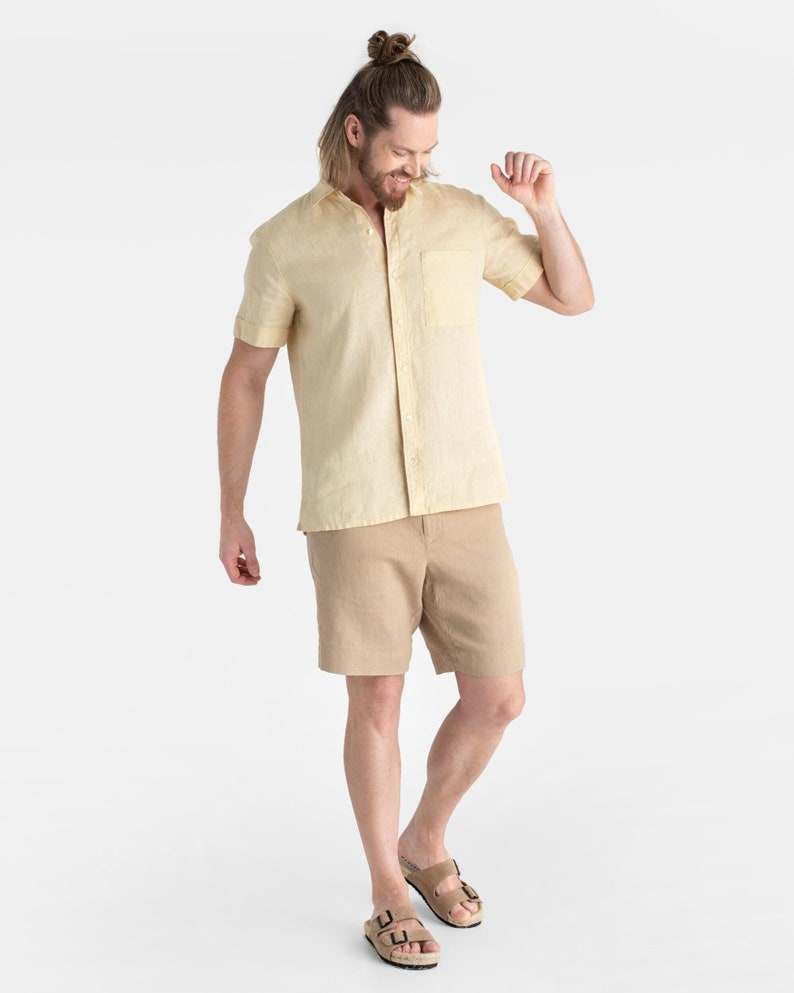 Men's linen shirt VERBIER in cream. Short sleeve linen shirt for men. Lightweight button up shirt. Mens clothing. Gift for husband image 3
