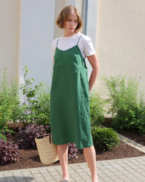 Green Linen Dress - Sleeveless Midi Slip Dress with Spaghetti Straps - Open Back Dress - Handmade Ethical Resort Wear for Women MARFA Green Linen Dress - Sleeveless Midi Slip Dress with Spaghetti Straps - Open Back Dress - Handmade Ethical Resort Wear for Women MARFA