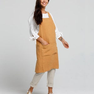 Pinafore linen apron. Japanese cross back apron. No ties linen aprons for women. Linen apron. Tan