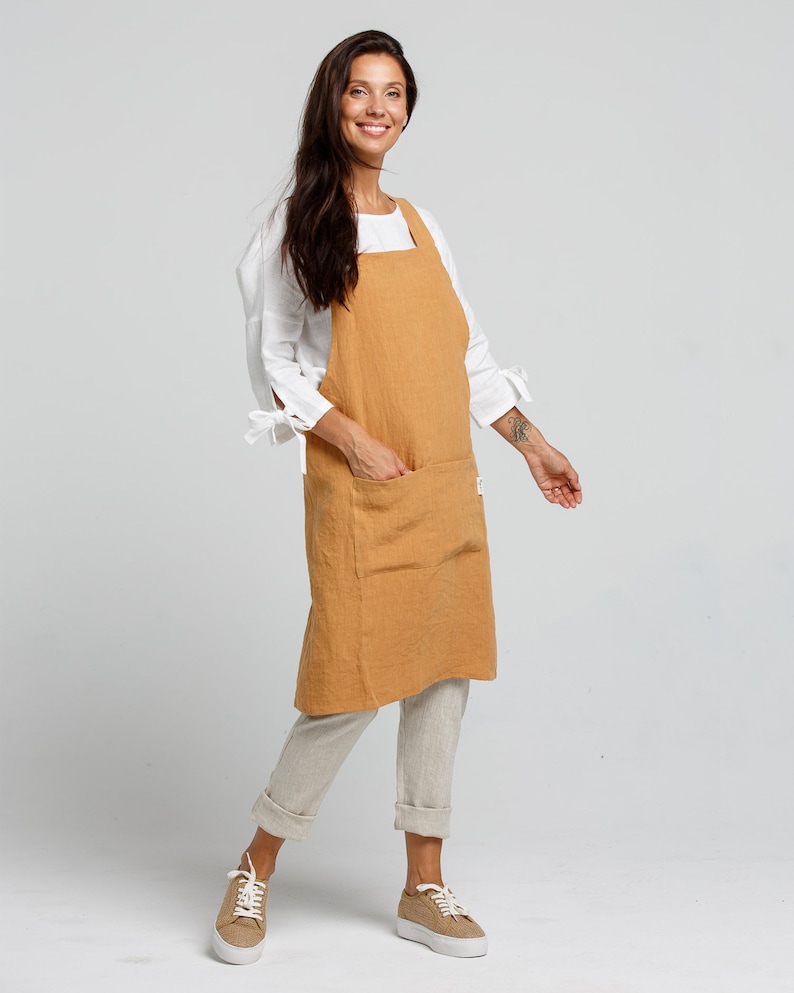 Pinafore linen apron. Japanese cross back apron. No ties linen aprons for women. Linen apron. Tan