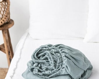 Linen Fitted Sheet – Dusty Blue Soft Linen Bedding – Queen King Deep Pocket Bed Sheet – Stonewashed Moisture Wicking European Flax Linen