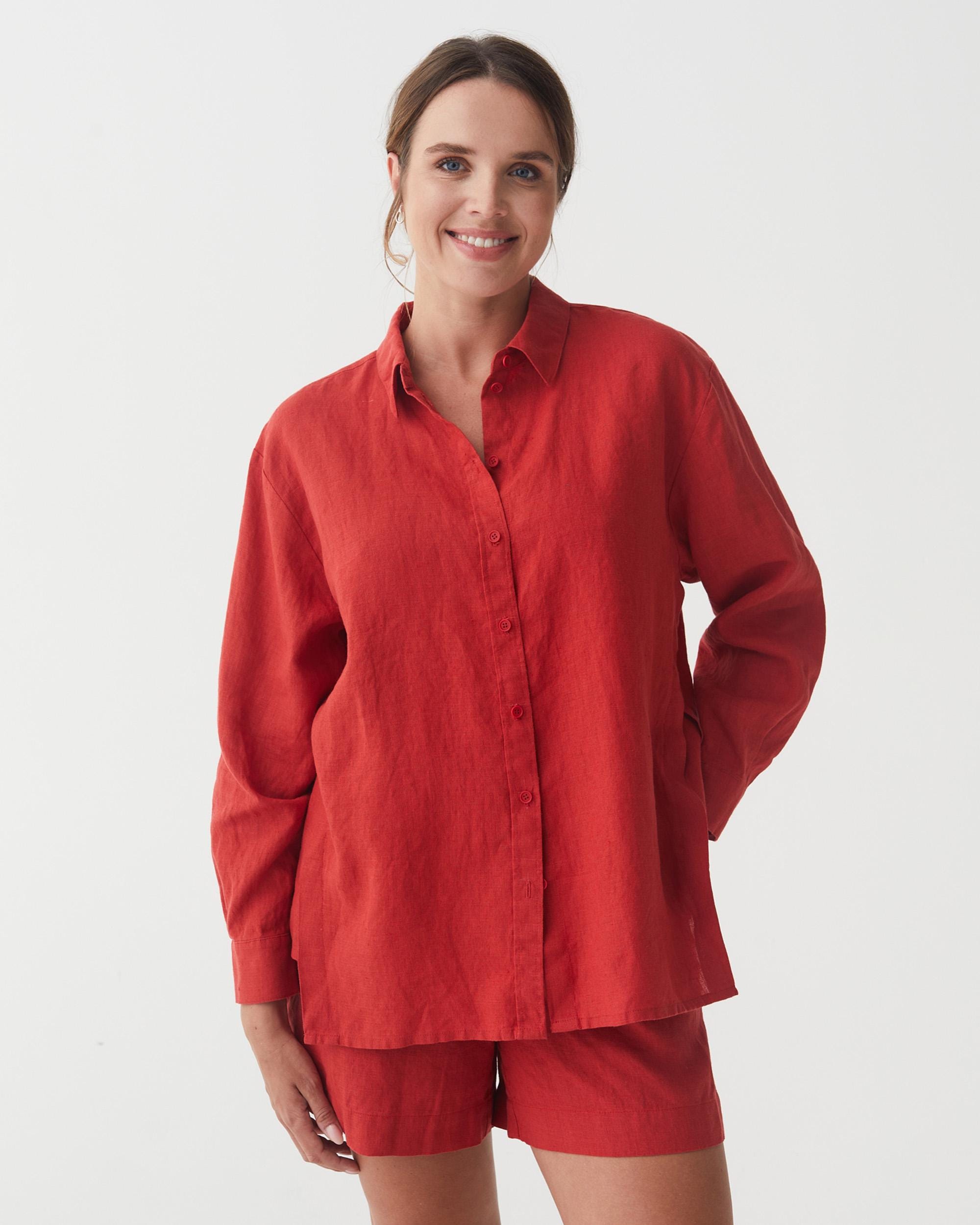 Red Oversized Linen Shirt – Long Sleeve Button-up Blouse – Loose