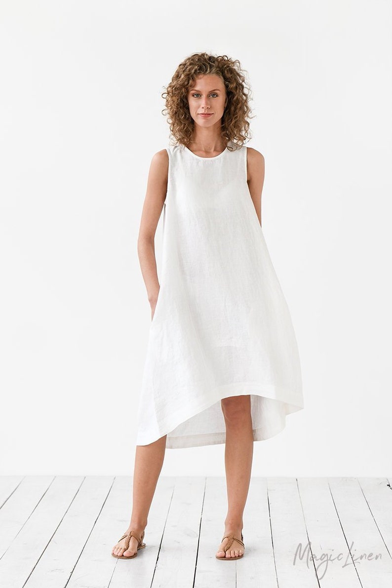 White linen dress TOSCANA. Asymmetrical sleeveless loose image 0