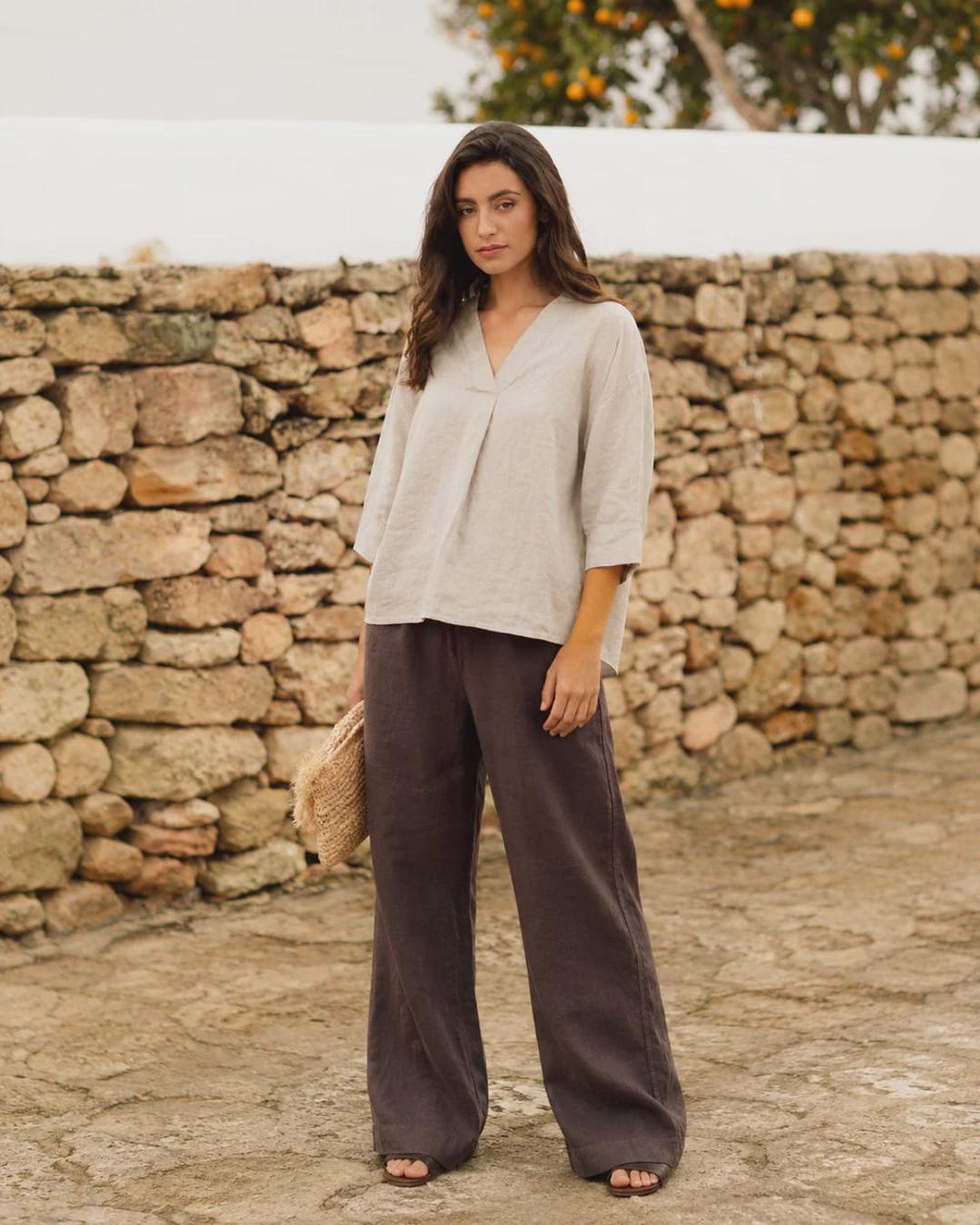Natural Linen Top for Women - Relaxed A Line Blouse - V Neck