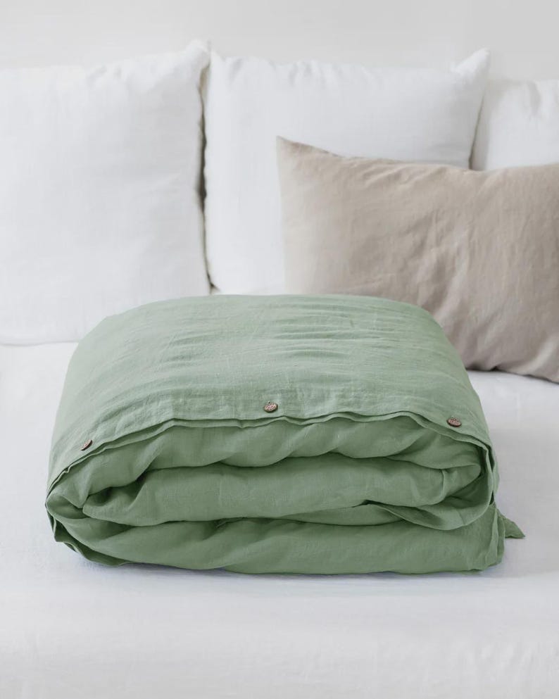 Matcha Green Linen Duvet Cover – Stonewashed Flax Bedding – Breathable Thermoregulating Comforter – Queen King OEKO TEX Certified Linen Set image 7