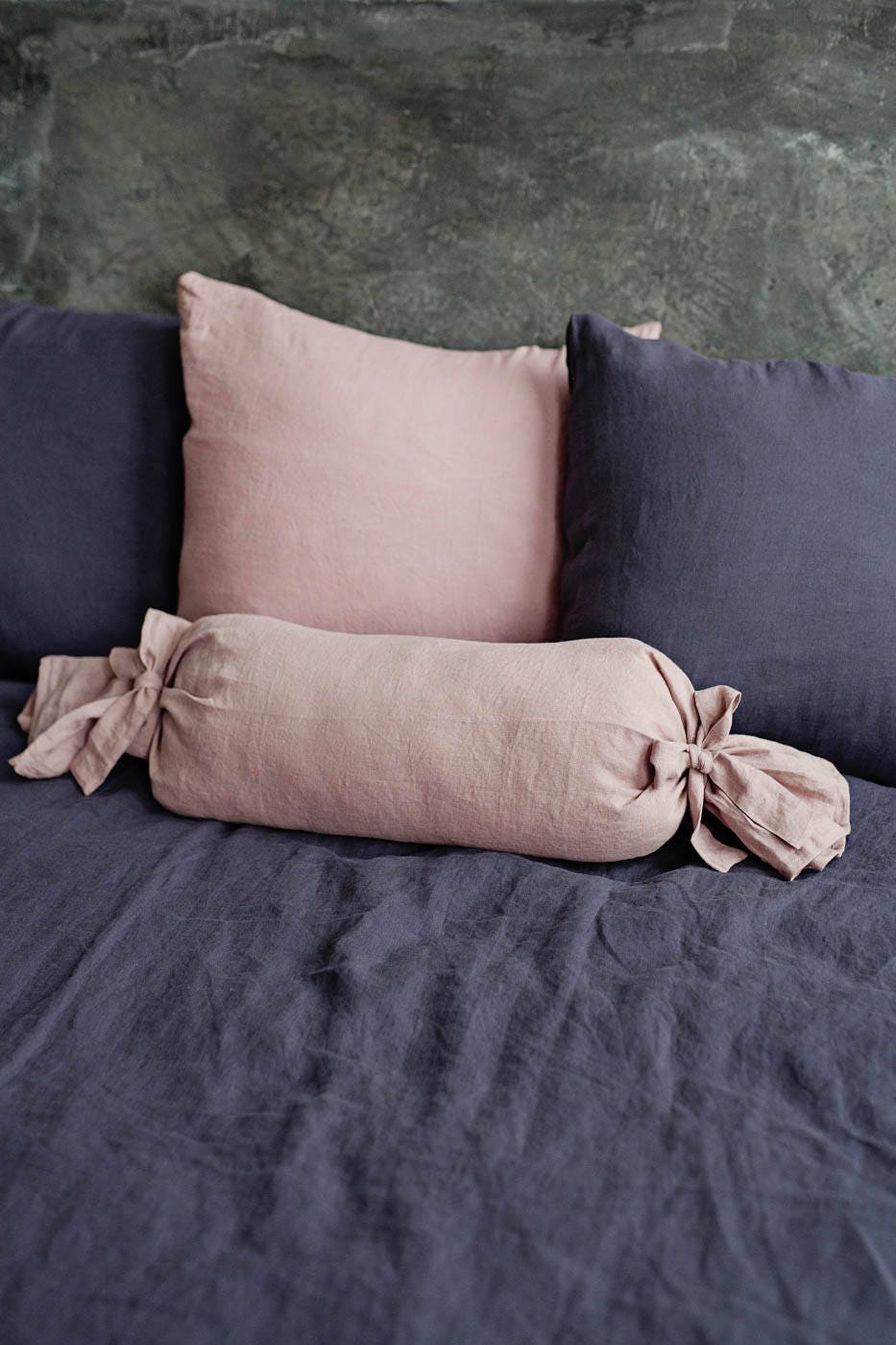 Linen bolster pillowcase with ribbon ties / Cylinder pillow Etsy