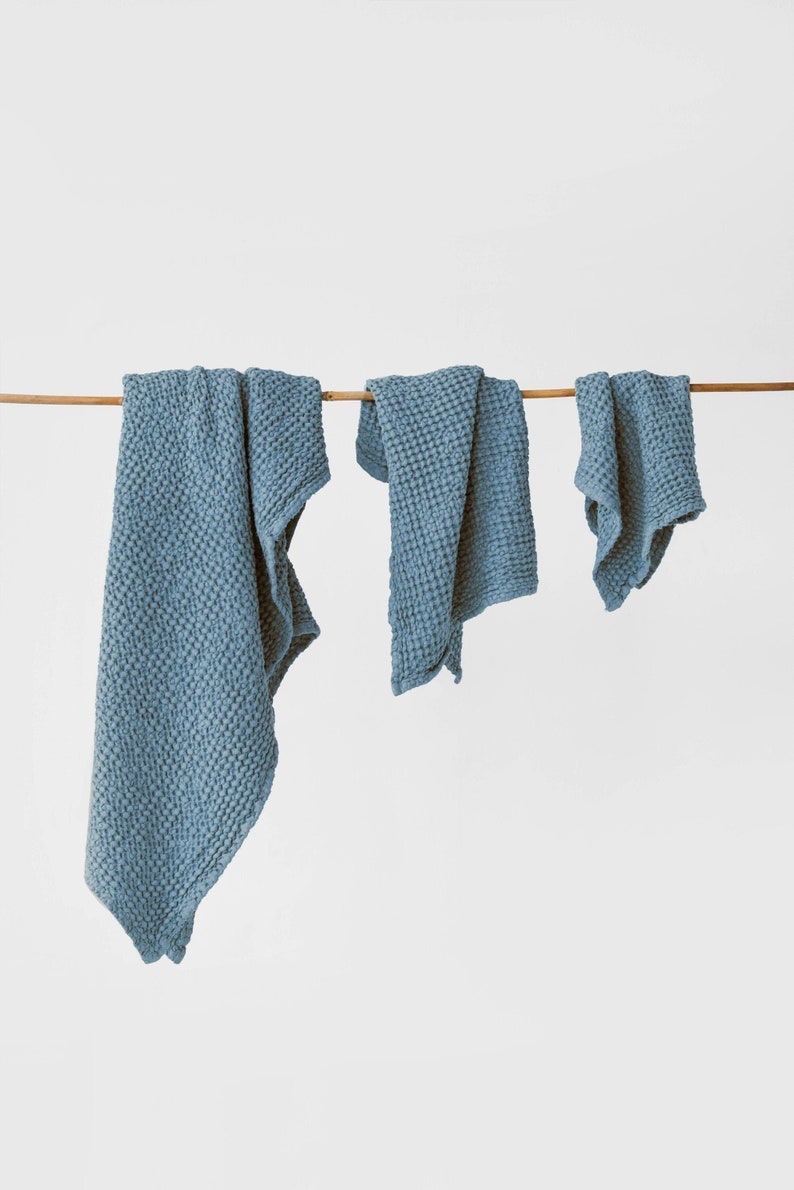Gray blue linen waffle towel SET: hand, face, body linen towels / Absorbent waffle towels / Gift for him image 2