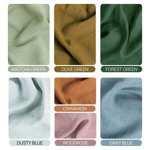 six fabric swatches in various earthy tones, including Matcha Green, Olive Green, Forest Green, Cinnamon, Dusty Blue, and Gray Blue. The colors may appear slightly different due to lighting and screen settings, so it is recommended to check the color options in the drop-down to confirm availability.
