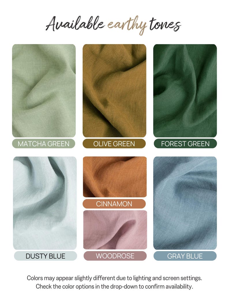 six fabric swatches in various earthy tones, including Matcha Green, Olive Green, Forest Green, Cinnamon, Dusty Blue, and Gray Blue. The colors may appear slightly different due to lighting and screen settings, so it is recommended to check the color options in the drop-down to confirm availability.