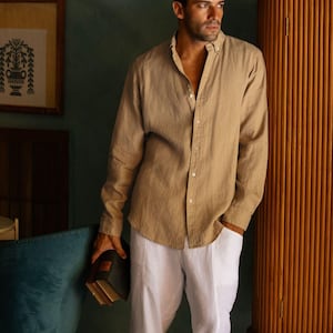 Sage Green Linen Shirt for Men – Long Sleeve Lightweight Button Down Shirt – Relaxed Fit Shirt – Natural Style SINTRA Wheat