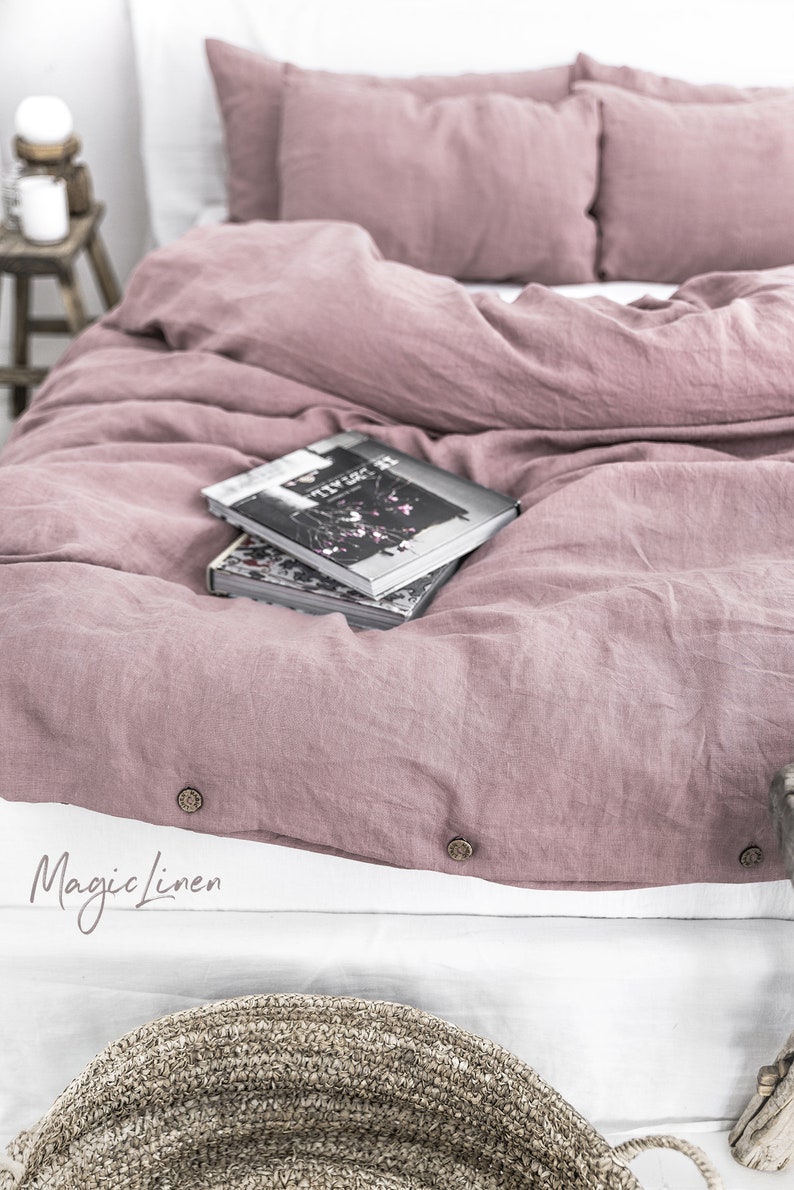 Linen bedding set in Woodrose Dusty Pink. King/ Queen washed linen duvet cover set with 2 pillowcases. image 5