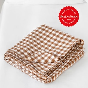 Drap plat en lin vichy cannelle – Drap de dessus doux lavé aux pierres – Couche de literie rustique et chaude – Lin naturel européen – Tailles Queen et King