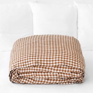 Cinnamon Gingham Linen Duvet Cover – Queen King Bedding – Breathable Stonewashed Comforter – Hypoallergenic Midweight OEKO TEX Flax Linen