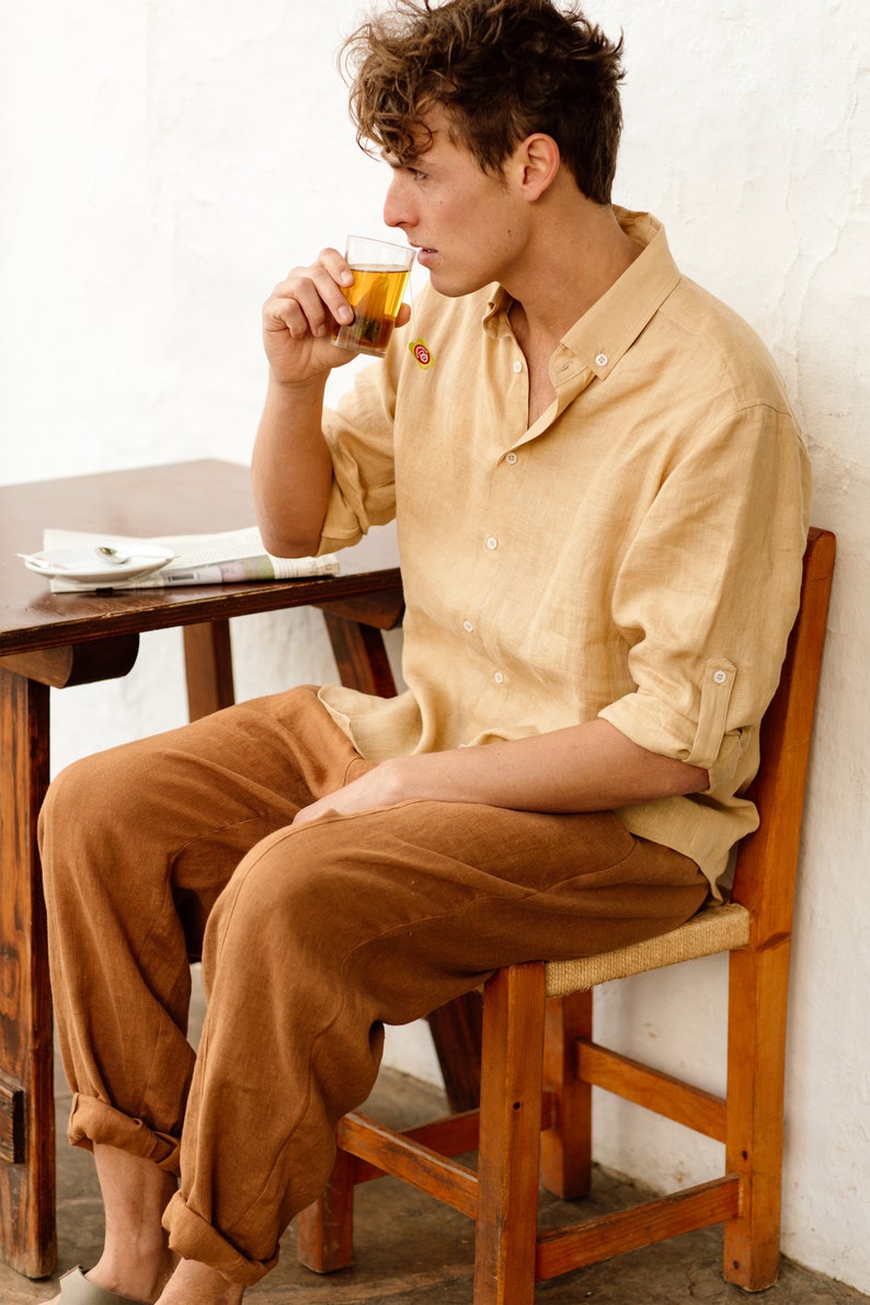 Men's linen shirt CORONADO in Sandy beige / Long sleeve shirt / Men's linen summer shirt image 4