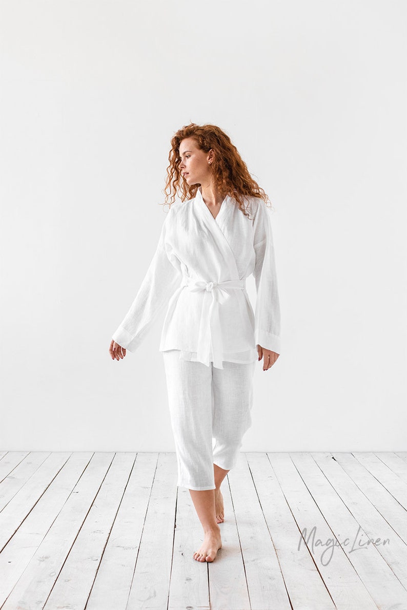 Kimono style linen pajamas with tie front at waist - a beautiful way to be comfortable while lounging!