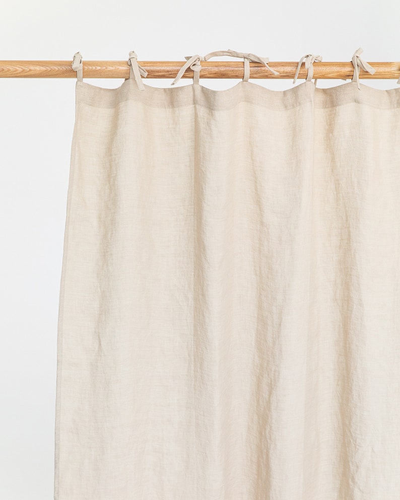 Tie top linen curtain panel, Various colours 1 pcs. Semi-sheer window, door curtain. Custom rod drapes with ties Natural linen color