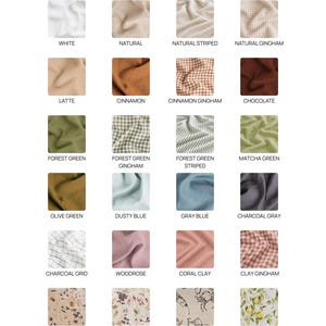 a variety of fabric swatches in different colors and patterns, including white, natural, natural striped, natural gingham, latte, cinnamon, chocolate, forest green, forest green striped, matcha green, forest green, forest green striped, matcha green, olive green, dusty blue, gray, charcoal gray, and more.