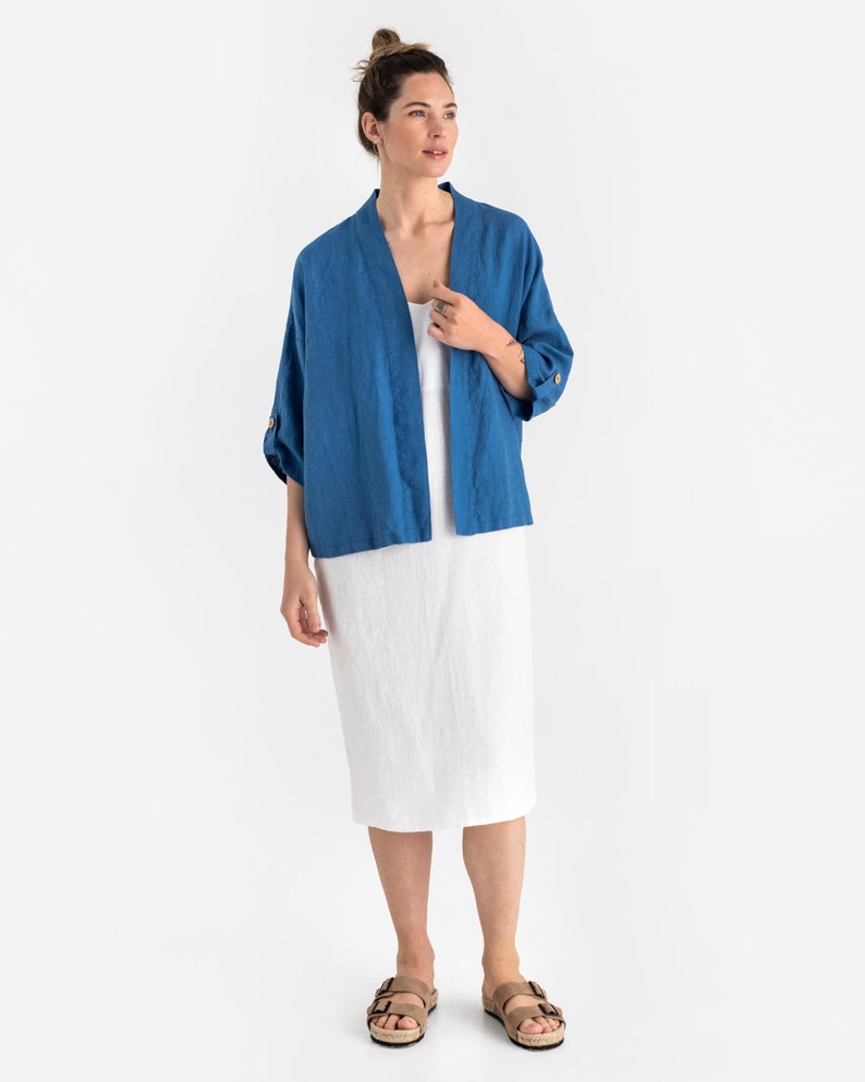 Linen blazer BANOS. White cardigan. Linen kimono jacket, open front cardigan. Linen top for women, loose fit Cobalt blue