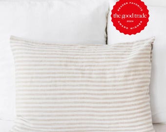 Natural Striped Linen Pillowcase – Off-White Flax Sham – Soft Stonewashed Cover – Custom Size Decorative Pillow for Bedding or Accent