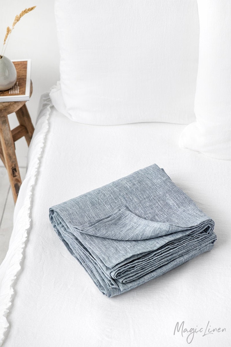 Linen flat sheet. Queen, King, custom size bed sheet. Pre washed linen bedding. Blue melange