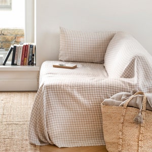 Linen Couch Cover – Natural Gingham Sofa Throw – Washable Pet-Friendly Protector – Cotton Linen Blend – Neutral Farmhouse Decor Style
