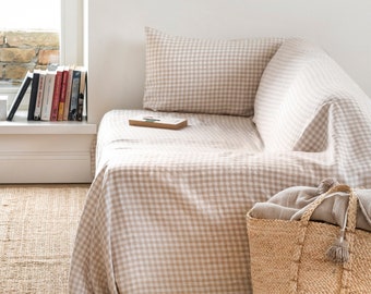 Linen sofa cover in natural gingham | Sofa throw blanket | Checkered blanket | Farmhouse bedding