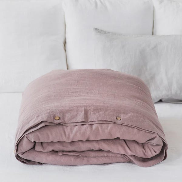 Housse de couette en lin Woodrose - Literie en lin délavé - Couette pour grand très grand lit rose poudré - Ensemble de lin naturel de poids moyen certifié OEKO TEX