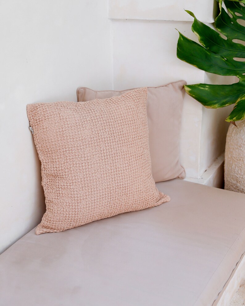 Linen throw pillow cover. Woodrose Beige Light Grey sofa image 3