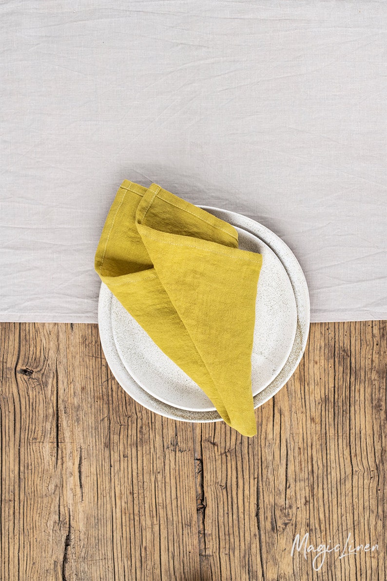 Moss Yellow linen napkin set of 2. Washed linen cloth napkins. Table decor, table linens. image 2