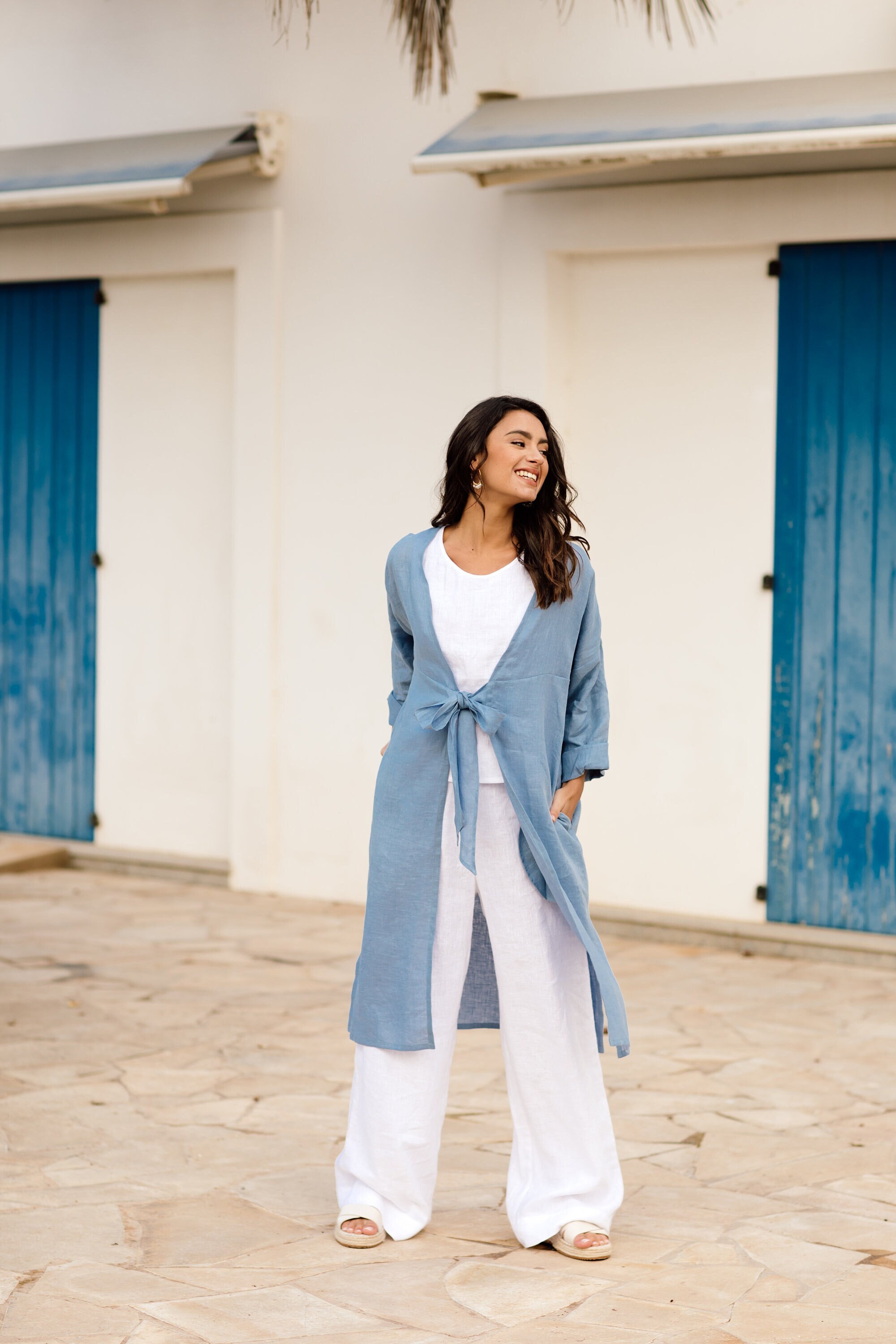 Long Linen Beach Shirt TAOS in Ocean 