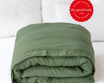Forest Green Linen Duvet Cover – Stonewashed Flax Bedding – Queen King Comforter – Breathable OEKO TEX Midweight Natural Linen Bed Set