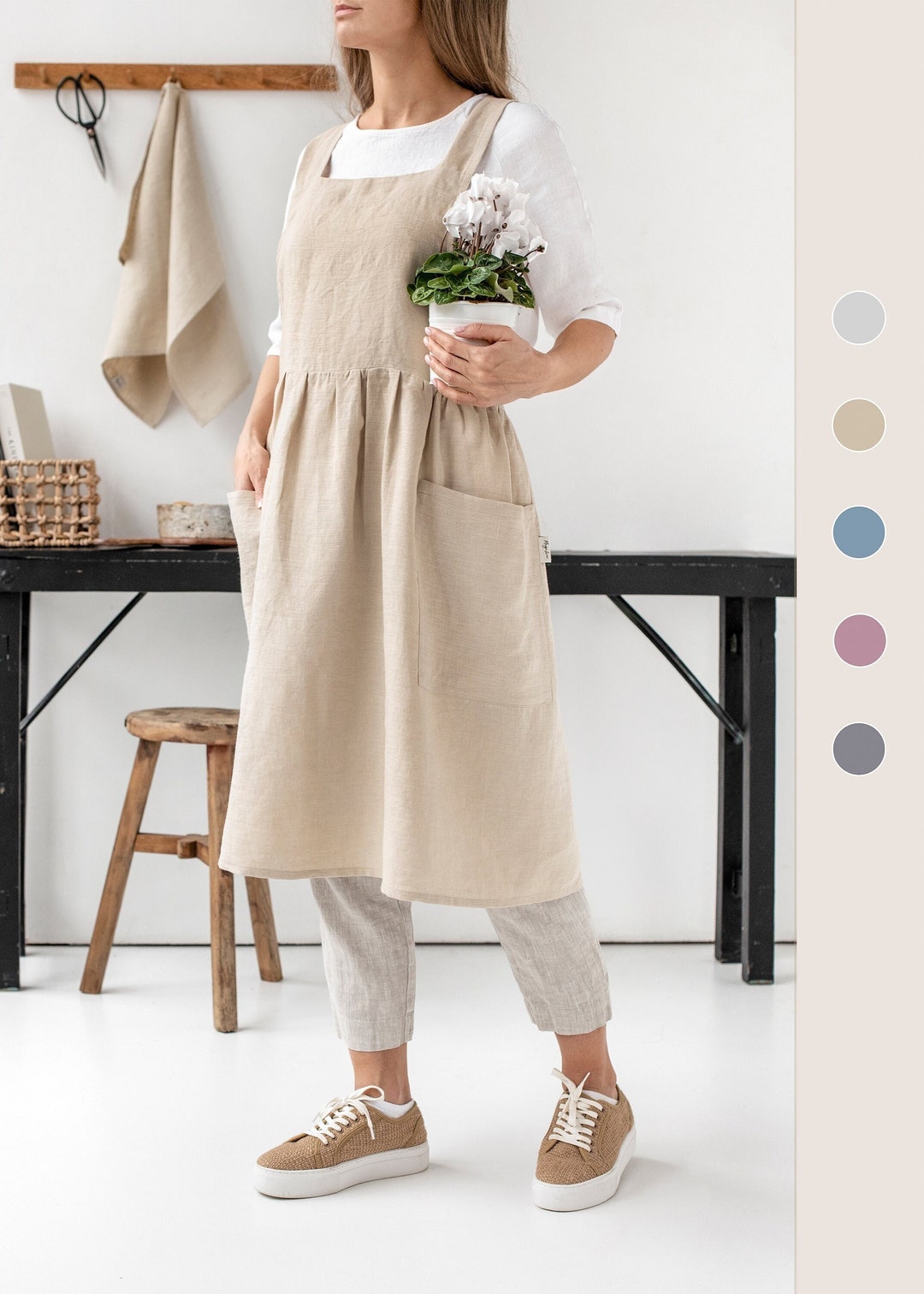 【直営・関税送料込】Mini apron dress in Linen Pinafore Apron Dress, Summer Midi Linen Dress