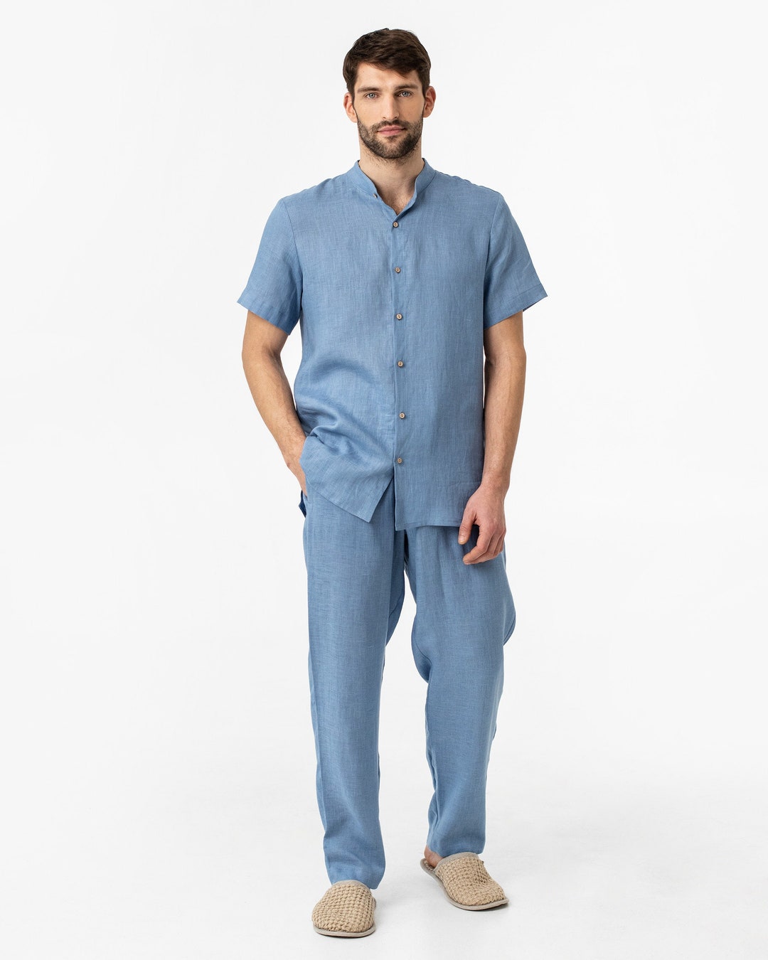 Men's Linen Pajama Set LUTRY / Lightweight Blue PJ Set / Linen