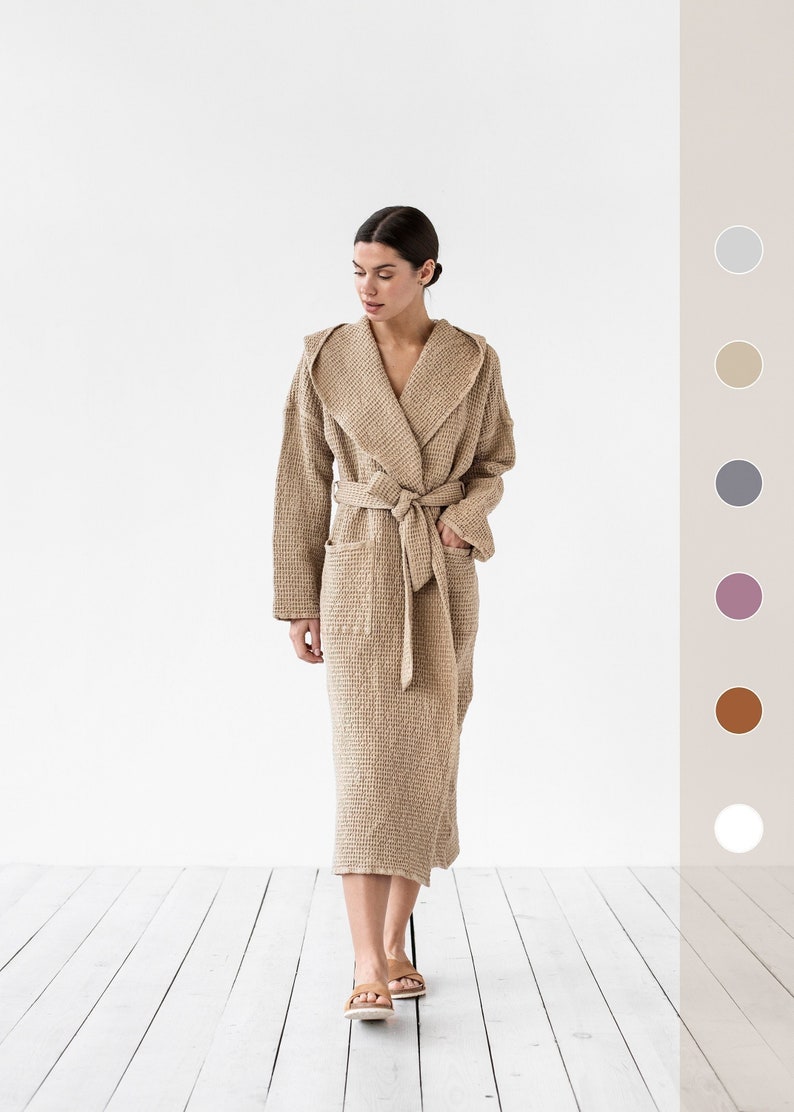 Waffle linen bathrobe. Hooded linen robe. Waffle robe for women. Linen gown in various colors. 