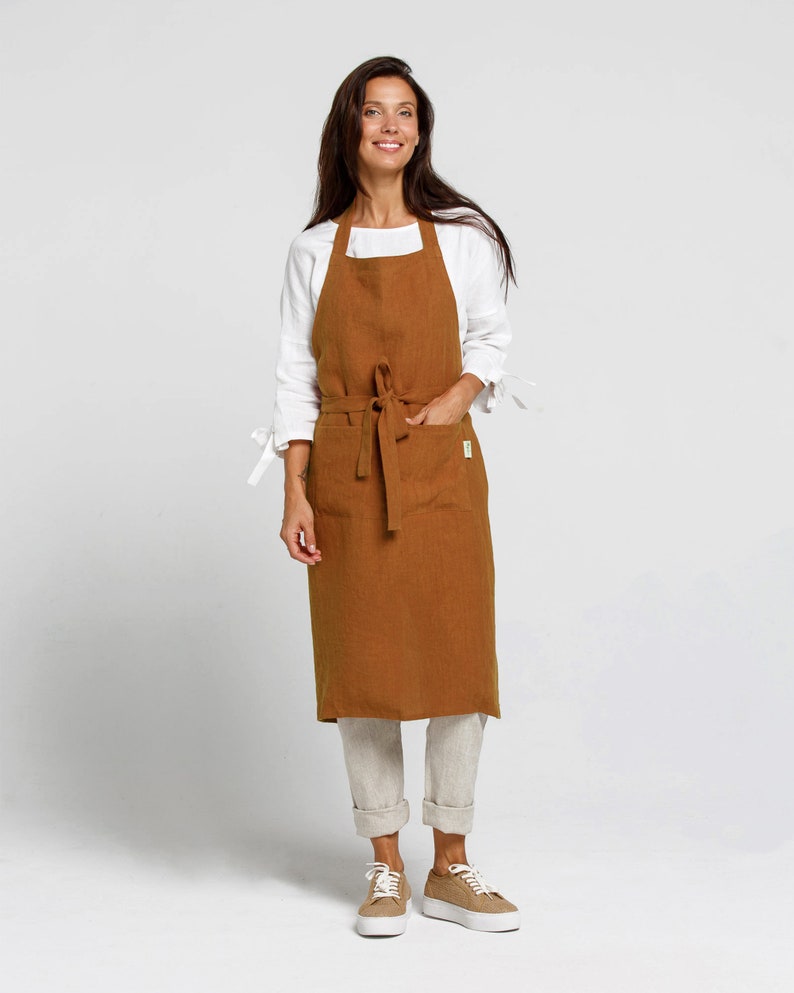 Linen apron. Washed linen apron for cooking, gardening. Full apron for women and men. Cinnamon