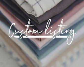 May include: A stack of folded fabric pieces in various solid colors including charcoal, dusty pink, and blue-grey, topped with a white fabric featuring a dark grid pattern. The words Custom listing are written in white script across the center.