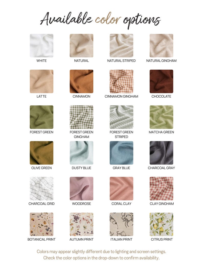 a variety of fabric swatches in different colors and patterns, including white, natural, natural striped, natural gingham, latte, cinnamon, chocolate, forest green, forest green striped, matcha green, forest green, forest green striped, matcha green, olive green, dusty blue, gray, charcoal gray, and more.