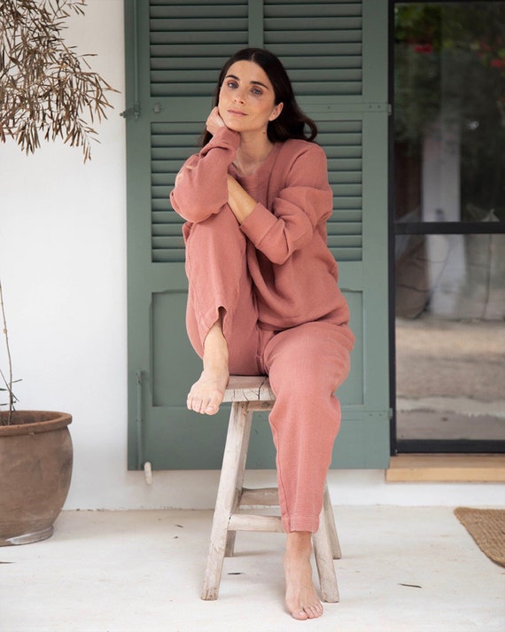 Linen Waffle Pants GIVERNY Linen and Tencel Waffle Wave Pants Linen Trousers  Linen Sweatpants Linen Loungewear 