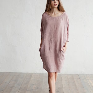 Loose Fit Linen Dress ARUBA in Woodrose / Long Sleeve Linen - Etsy