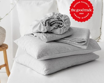 Black Pinstripe  Linen Sheet Set — 4 Piece 100% European Flax Bedding — Fitted Sheet, Flat Sheet and 2 Pillowcases — 10 or 18in Pocket Types