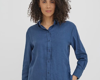 Oversized Linen Shirt for Women – Navy Blue Button Up Shirt – Long Sleeve Top – Relaxed Fit Blouse – Minimalist Capsule Clothing CORSICA