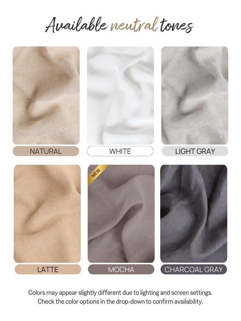 six neutral fabric swatches in various colors, including natural, white, light gray, mocha, charcoal gray, and latte. The colors may appear slightly different due to lighting and screen settings, so it is recommended to check the color options in the drop-down to confirm availability.