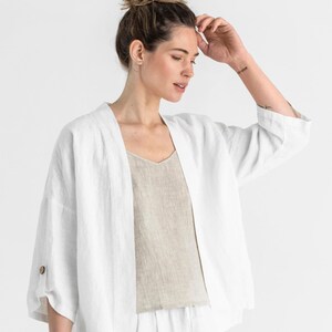 Linen blazer BANOS. White cardigan. Linen kimono jacket, open front cardigan. Linen top for women, loose fit image 3